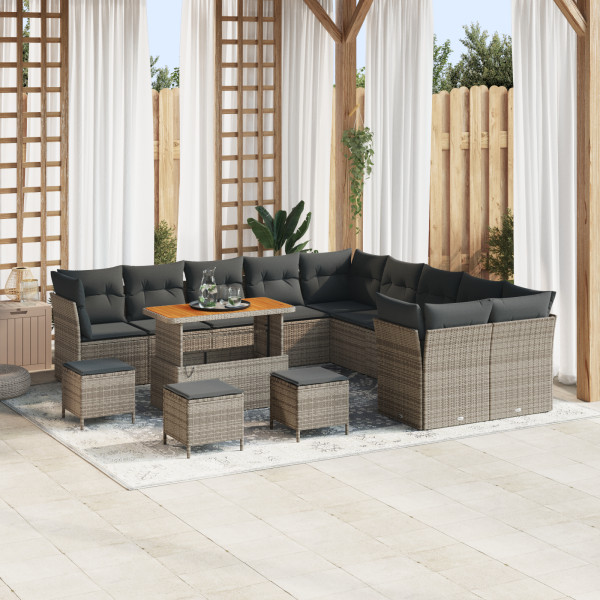 Conjunto de Sofá de Jardín de 14 Piezas con Cojines Gris Poly Rattan Acacia. Conjunto de Comedor de Jardín de 4 Piezas con Cojin D