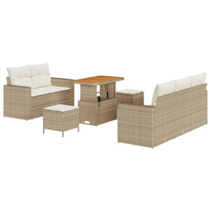 Juego de Sofás de Jardín de 8 Piezas con Cojines Ratán Sintético Beige Acacia.  Juego de Comedor de Jardín de 3 Piezas con Cojin H