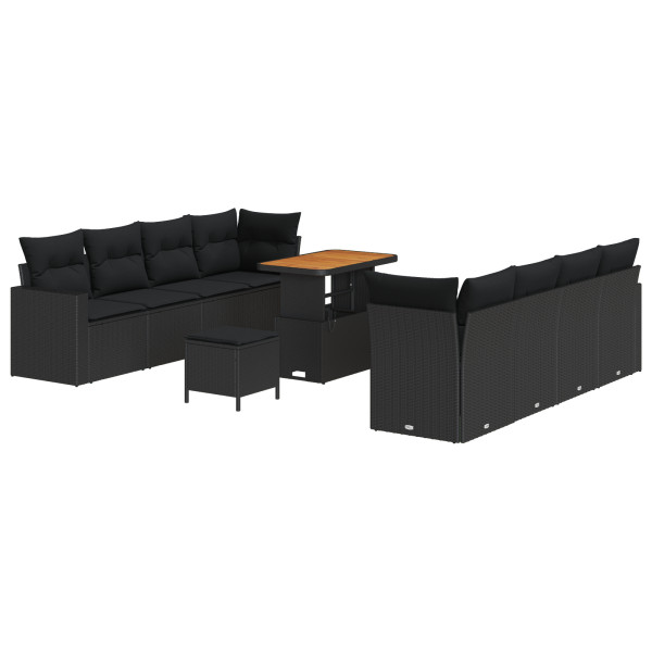 Set de Sofá Jardín  de 11 Piezas con Cojines Negro Poliratán Acacia. Set de Comedor Jardín  de 3 Piezas con Cojines Negro Polira M 2