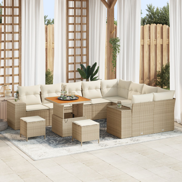 Conjunto de Sofás de Jardín de 12 Piezas con Cojines Beige de Ratán Polímero y Acacia. Conjunto de Comedor de Jardín de 3 Piezas D