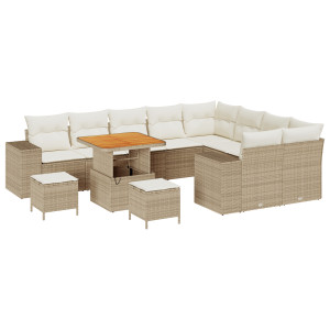 Conjunto de Sofás de Jardín de 12 Piezas con Cojines Beige de Ratán Polímero y Acacia. Conjunto de Comedor de Jardín de 3 Piezas H