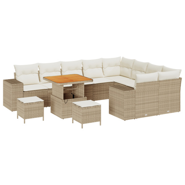 Conjunto de Sofás de Jardín de 12 Piezas con Cojines Beige de Ratán Polímero y Acacia. Conjunto de Comedor de Jardín de 3 Piezas M 2