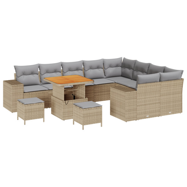 Conjunto de Sofá de Jardim de 12 Peças com Almofadas Beijinhas em Rattan Sintético e Acácia. M 2