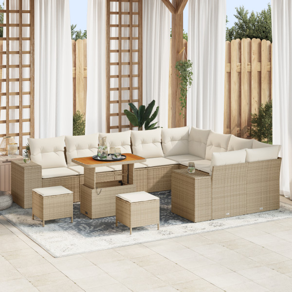 Juego de Sofás de Jardín de 12 Piezas con Cojines Beige Poliratán Acacia. Juego de Comedor de Jardín de 3 Piezas con Cojines Bei D