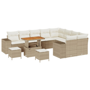 Juego de Sofás de Jardín de 12 Piezas con Cojines Beige Poliratán Acacia. Juego de Comedor de Jardín de 3 Piezas con Cojines Bei H