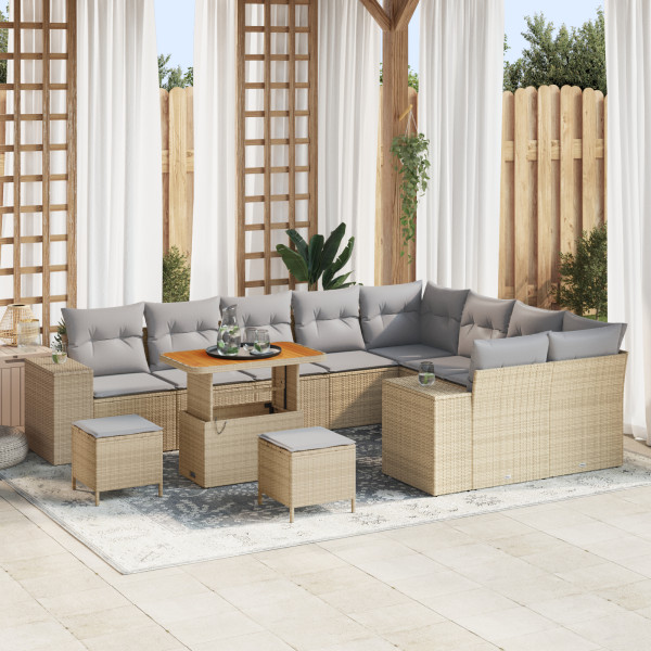 Set de Sofás de Jardín de 12 Piezas con Cojines Beige de Ratán Poliéster y Acacia. Set de Comedor de Jardín de 3 Piezas con Coji D