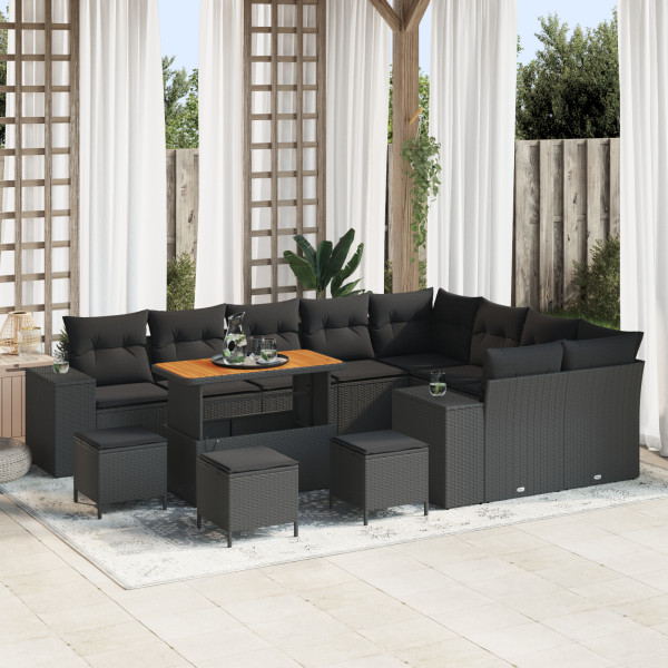 Conjunto de Sofá de Jardín de 13 piezas con Cojines Negro Poliratán Acacia. Conjunto de Comedor de Jardín de 4 piezas con Cojine D