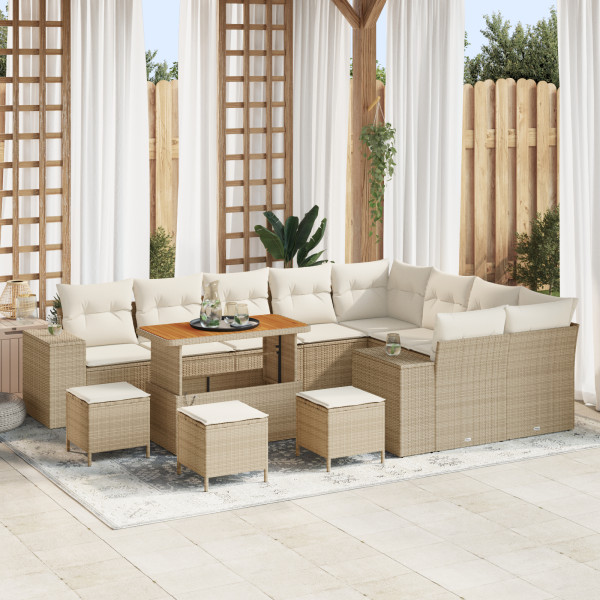 Set de Sofá de Jardín de 13 piezas con Cojines Beige de Poliratán Acacia. Set de Comedor de Jardín de 4 piezas con Cojines Beige D