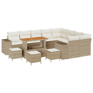 Set de Sofá de Jardín de 13 piezas con Cojines Beige de Poliratán Acacia. Set de Comedor de Jardín de 4 piezas con Cojines Beige H