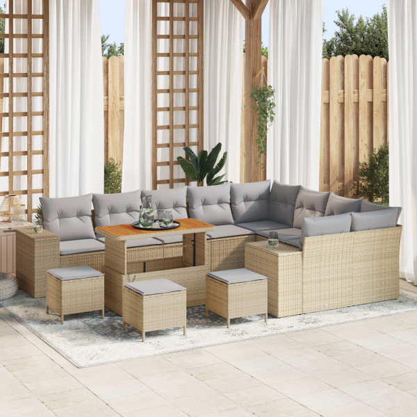 Juego de Sofás de Jardín de 13 Piezas con Cojines Beige de Ratán Sintético y Acacia. Juego de Comedor de Jardín de 4 Piezas con  D
