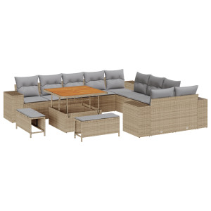 Conjunto de Sofá de Jardim 13 Peças com Almofadas Bege em Rattan Sintético e Acácia. H