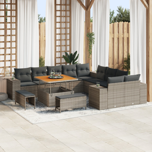 Set de Sofá de Jardín de 13 Piezas con Cojines Gris Poliratán Acacia. Set de Comedor de Jardín de 3 Piezas con Cojines Gris Poli D