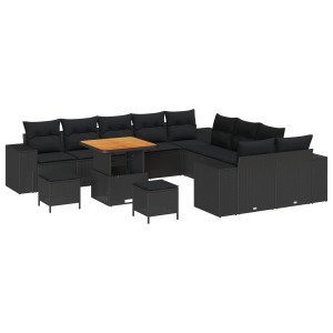Conjunto de Sofá de Jardín de 13 Piezas con Cojines Negro Poliratán Acacia. Conjunto de Comedor de Jardín de 3 Piezas con Cojine H