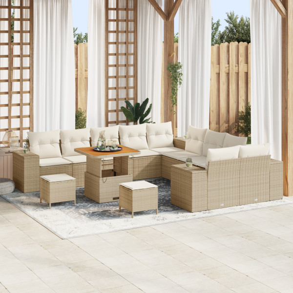 Set de Sofá de Jardín de 13 Piezas con Cojines Beige Poliratán Acacia. Set de Comedor de Jardín de 3 Piezas con Cojines Beige Po D