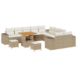 Set de Sofá de Jardín de 13 Piezas con Cojines Beige Poliratán Acacia. Set de Comedor de Jardín de 3 Piezas con Cojines Beige Po H