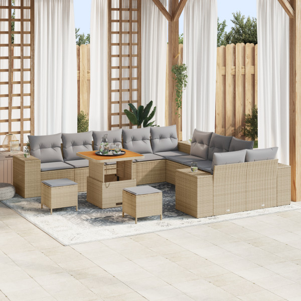 Juego de Sofá de Jardín  de 13 piezas con Cojines Beige Poliratán Acacia. Juego de Comedor de Jardín  de 3 piezas con Cojines Be D