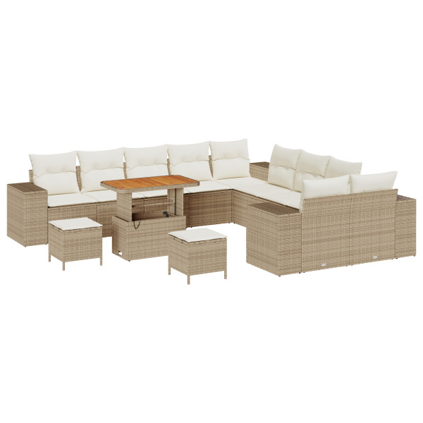 Conjunto de Sofás de Jardín de 13 Piezas con Cojines Beige Polirratán Acacia. Conjunto de Comedor de Jardín de 3 Piezas con Coji M 2