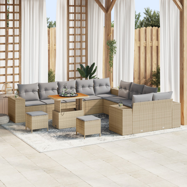 Conjunto de Sofá de Jardín de 13 Piezas con Cojines Beige Ratán Poliéster Acacia.  Conjunto de Comedor de Jardín de 3 Piezas con D