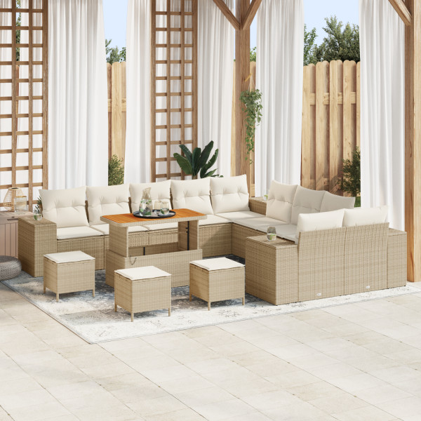 Conjunto de Sofá de Jardín de 14 Piezas con Cojines Beige de Poliratán y Acacia. Conjunto de Comedor de Jardín de 4 Piezas con C D