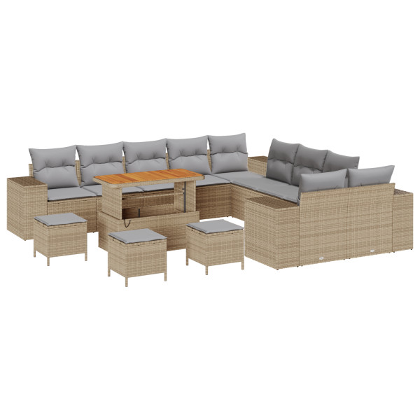 Conjunto de Sofá de Jardín de 14 Piezas con Cojines Beige Ratán Poliéster Acacia. Conjunto de Comedor de Jardín de 4 Piezas con  M 2