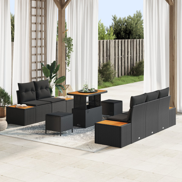 Set de Sofá de Jardín de 8 Piezas con Cojines Ratán Poliéster Negro Acacia.  Set de Comedor de Jardín de 3 Piezas con Cojines Ra D