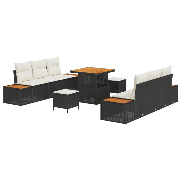 Juego de Sofá de Jardín  de 9 Piezas con Cojines Negro Poli Ratán Acacia. Juego de Comedor de Jardín  de 3 Piezas con Cojines Ne M 2