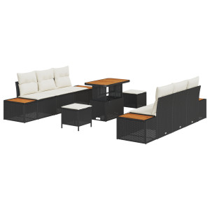 Conjunto de Sofá Jardín de 9 Piezas con Cojines Negro Poliratán Acacia. Conjunto de Comedor Jardín de 3 Piezas con Cojines Negro H