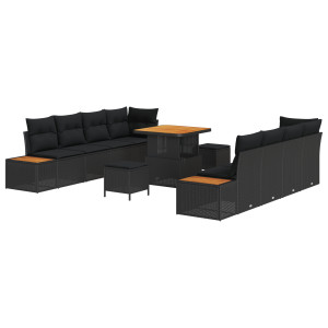 Set de Sofás de Jardín  de 11 Piezas con Cojines Negro de Ratán Poliéster Acacia. Set de Comedor de Jardín  de 3 Piezas con Coji H