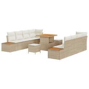 Set de Sofá de Jardín de 11 Piezas con Almohadas Beige Ratán Poliéster Acacia. Set de Comedor de Jardín de 3 Piezas con Almohada H