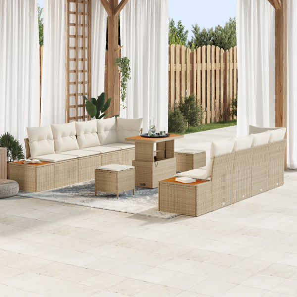 Set de Sofá de Jardín de 11 Piezas con Cojines Beige Ratán Polivalente Acacia.  Set de Comedor de Jardín de 3 Piezas con Cojines D