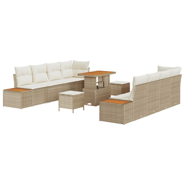 Set de Sofá de Jardín de 11 Piezas con Cojines Beige Ratán Polivalente Acacia.  Set de Comedor de Jardín de 3 Piezas con Cojines M 2