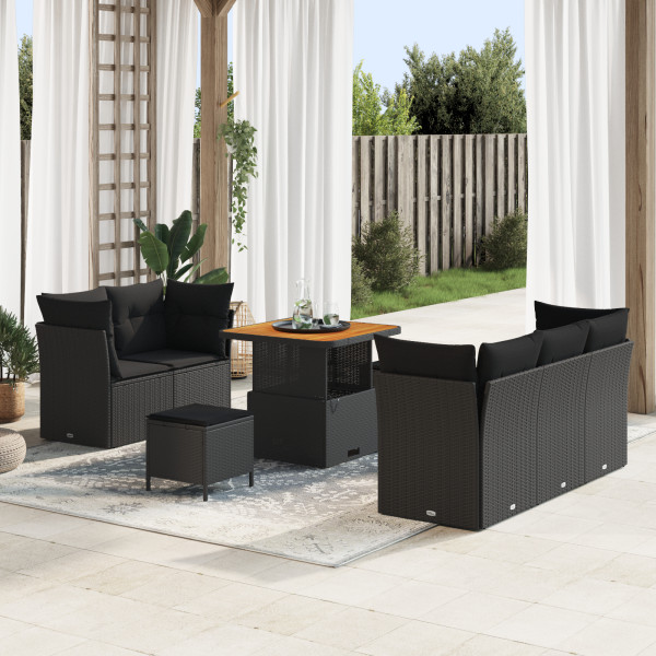 Conjunto de Sofá de Jardín de 8 Piezas con Cojines Negro Poliratán Acacia.  Conjunto de Comedor de Jardín de 3 Piezas con Cojine D