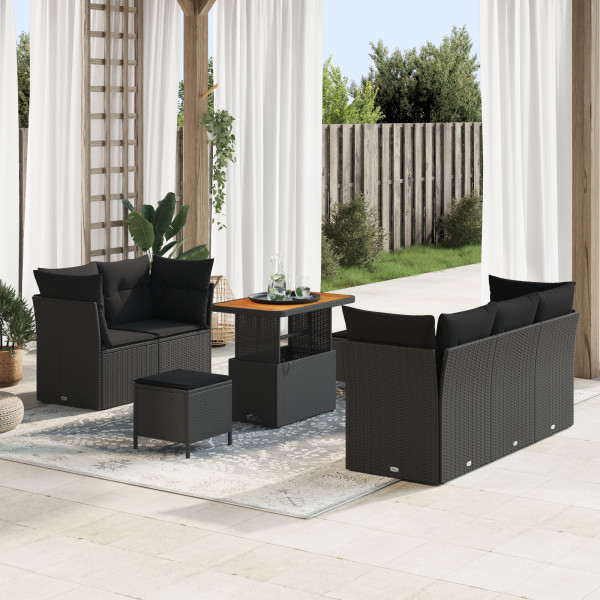 Set de Sofás de Jardín de 8 Piezas con Cojines Negro Poliratán Acacia. Set de Comedor de Jardín de 3 Piezas con Cojines Negro Po D
