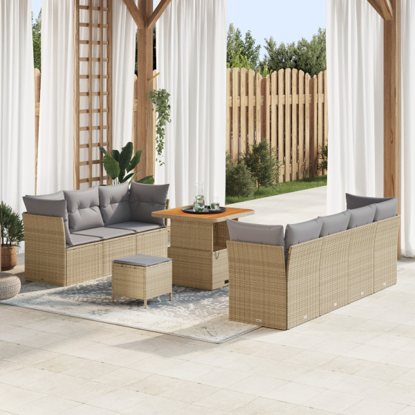 Conjunto de Sofá de Jardín de 10 Piezas con Cojines Ratán Sintético Beige Acacia. Conjunto de Comedor de Jardín de 3 Piezas con  D