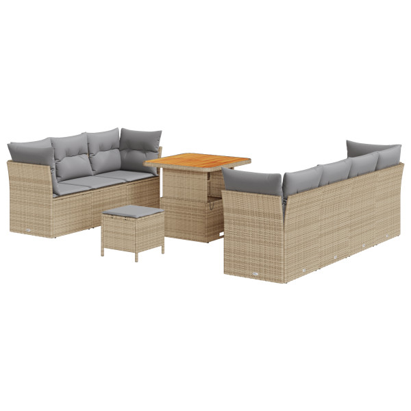 Conjunto de Sofá de Jardín de 10 Piezas con Cojines Ratán Sintético Beige Acacia. Conjunto de Comedor de Jardín de 3 Piezas con  M 2