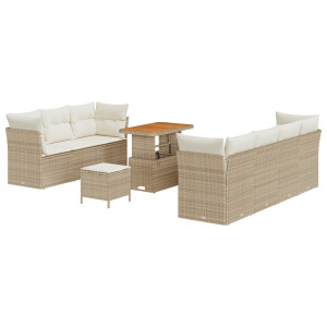 Set de Sofá de Jardín de 10 Piezas con Cojines Beige Rattan Poliéster Acacia. Set de Comedor de Jardín de 3 Piezas con Cojines B H