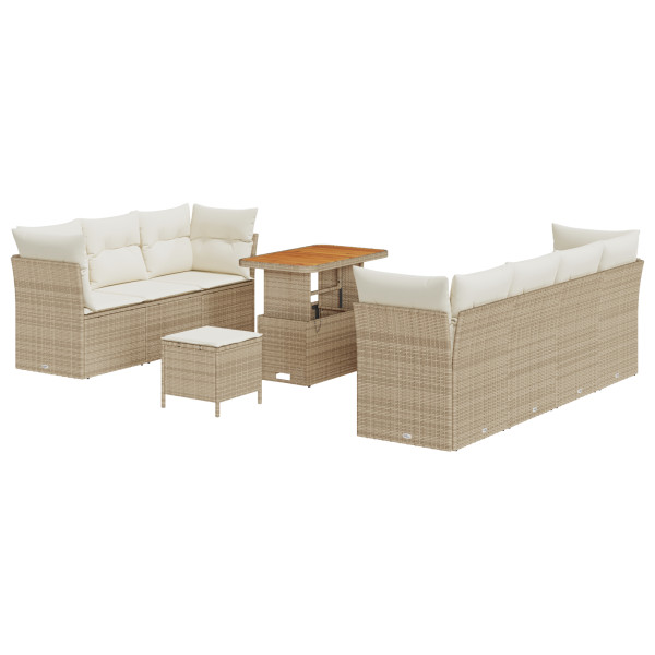 Set de Sofá de Jardín de 10 Piezas con Cojines Beige Rattan Poliéster Acacia. Set de Comedor de Jardín de 3 Piezas con Cojines B M 2