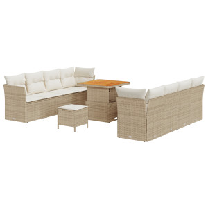 Conjunto de Sofá de Jardín de 11 piezas con Cojines Beige Poliratán Acacia. Conjunto de Comedor de Jardín de 3 piezas con Cojine H