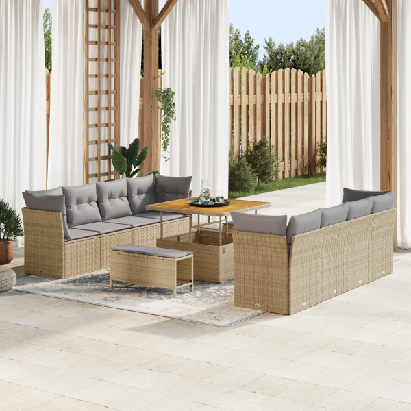 Conjunto de Sofás de Jardín  de 11 piezas con cojines Beige Ratán Poliéster Acacia. Conjunto de Comedor de Jardín  de 3 piezas c D