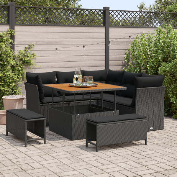 Conjunto de Sofá de Jardín de 8 Piezas con Cojines Negro Poliratán Acacia. Conjunto de Comedor de Jardín de 3 Piezas con Cojines D