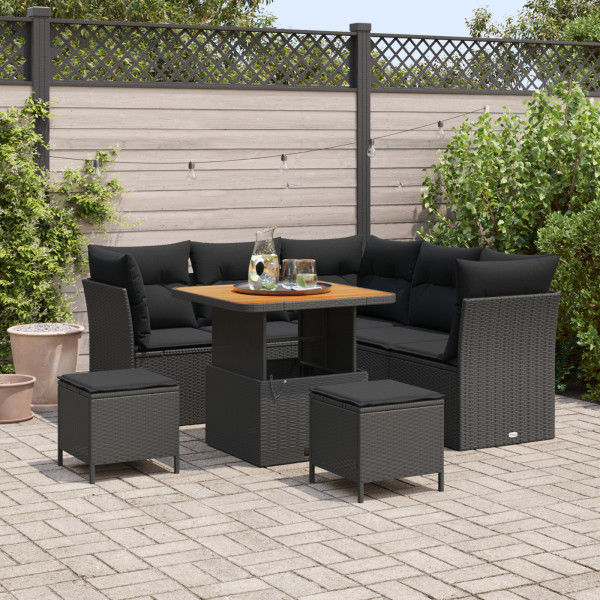 Conjunto de Sofá de Jardín de 8 Piezas con Cojines Negro Poliratán Acacia. Conjunto de Comedor de Jardín de 3 Piezas con Cojines D
