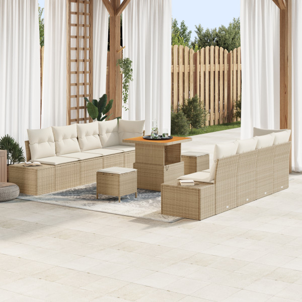 Conjunto de Sofá de Jardín  de 11 Piezas con Cojines Beige Poliratán Acacia. Sofá de Jardín  de 2 Plazas con Almacenamiento y Co D