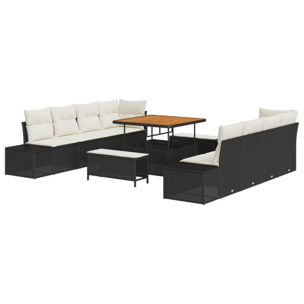 11 Piece Garden Sofas Jogo com Black Ribs Synthetic Rattan Acacia. Sofá de jardim de 2 praças com armazenamento e M 2