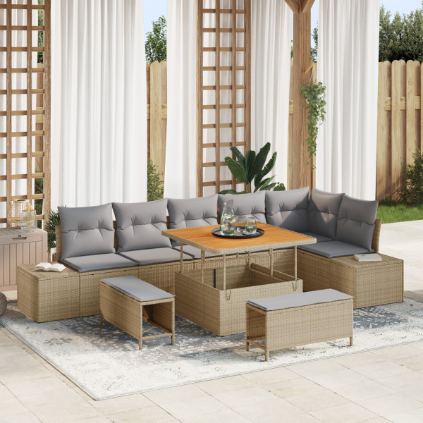 Conjunto de Sofá de Jardín  de 9 piezas con cojines Beige Ratán Sintético Acacia. Sofá de Jardín de 2 plazas  con almacenamiento D