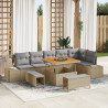 Conjunto de Sofás de Jardim de 9 Peças com Almofadas Bege Rattan Polido Acácia 1