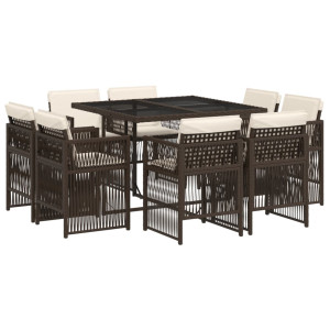 Set comedor para jardín 9 pzas y cojines ratán sintético marrón H
