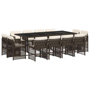 13 pcs conjunto jantar p/ jardim c/ almofadões vime PE castanho H