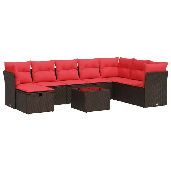 9 pcs conjunto sofás p/ jardim c/ almofadões vime PE castanho M 2