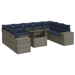 Set sofás jardín y cojines 10 pzas ratán sintético acacia gris H
