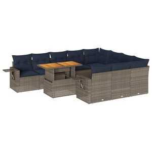 11 pcs conjunto sofás de jardim c/ almofadões vime PE cinzento H